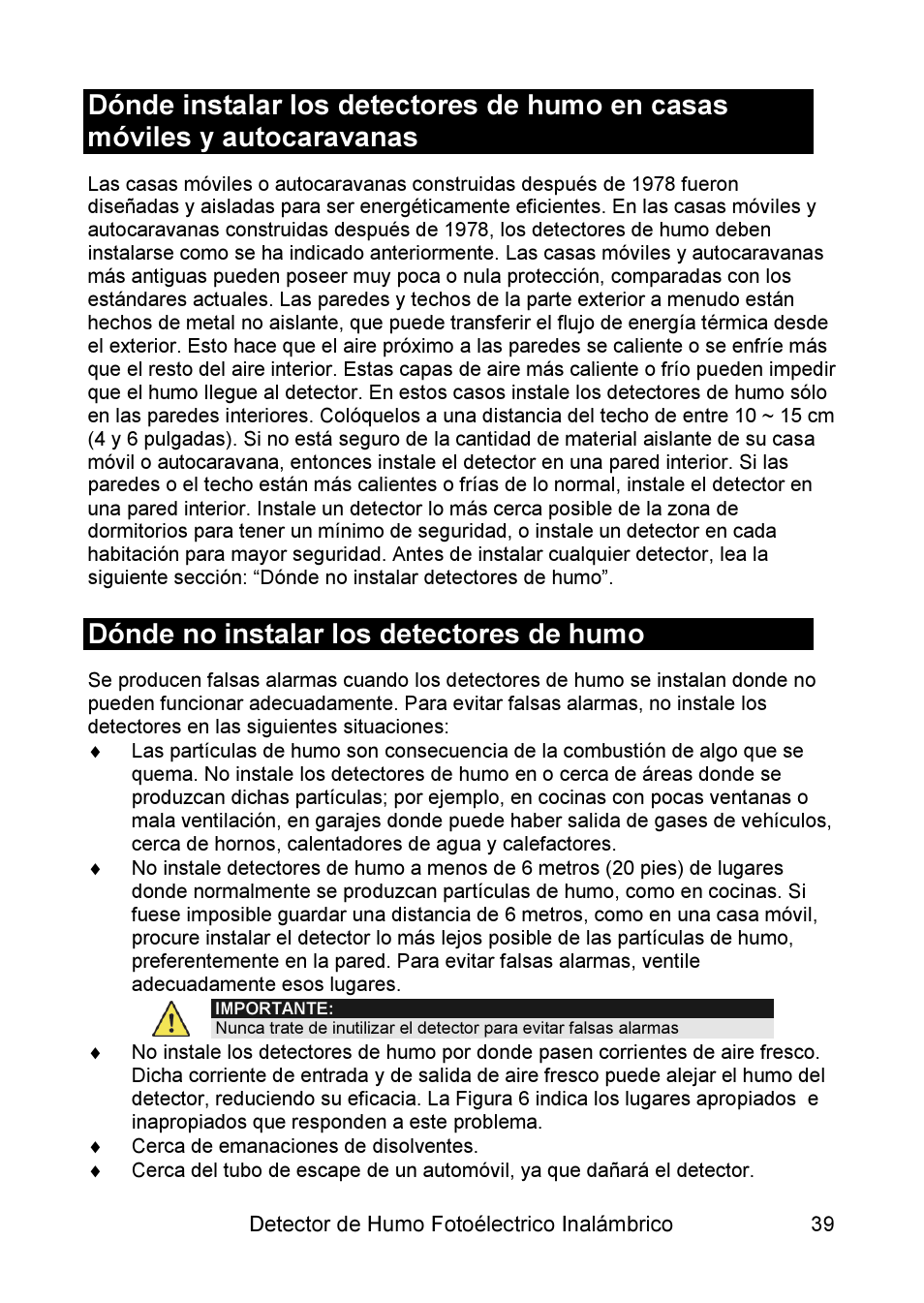 Dónde no instalar los detectores de humo | RISCO Group WL Supervised Smoke User Manual | Page 39 / 56