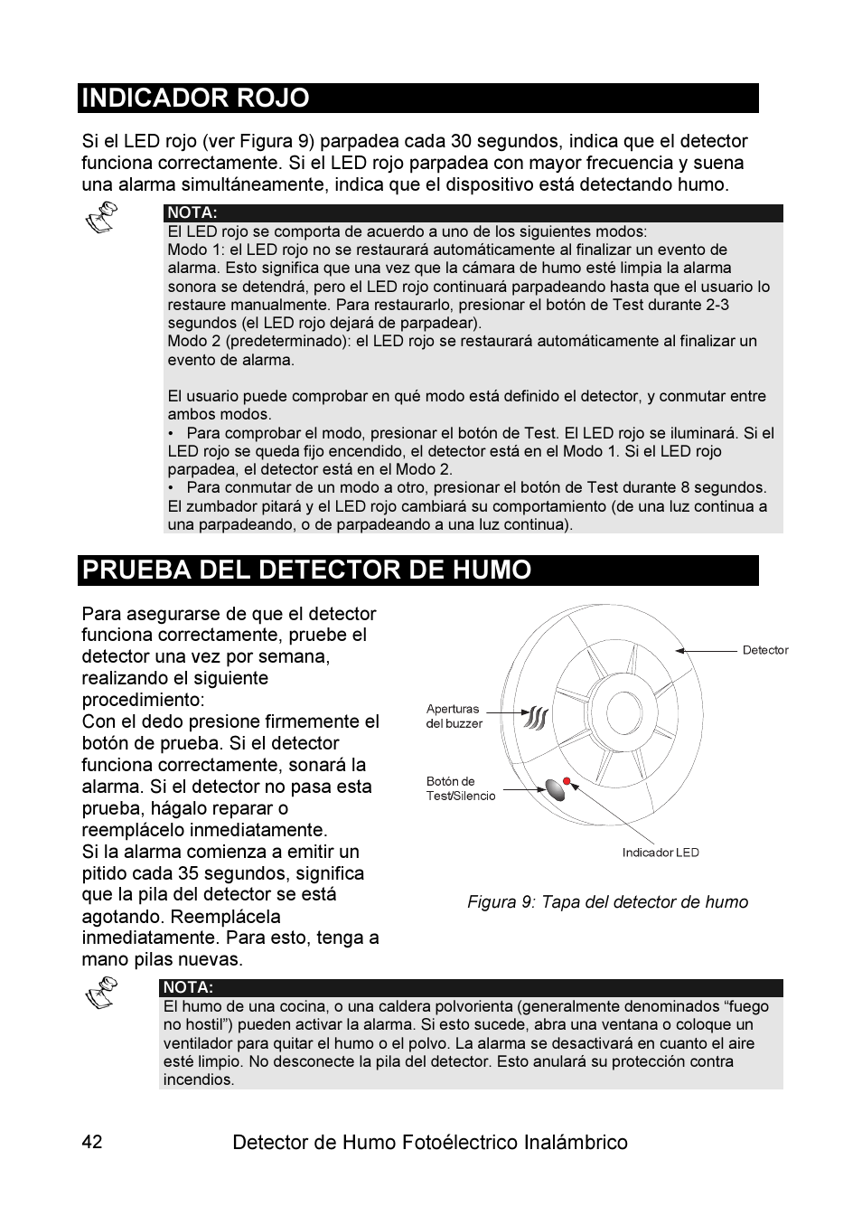 Indicador rojo, Prueba del detector de humo | RISCO Group WL Supervised Smoke User Manual | Page 42 / 56