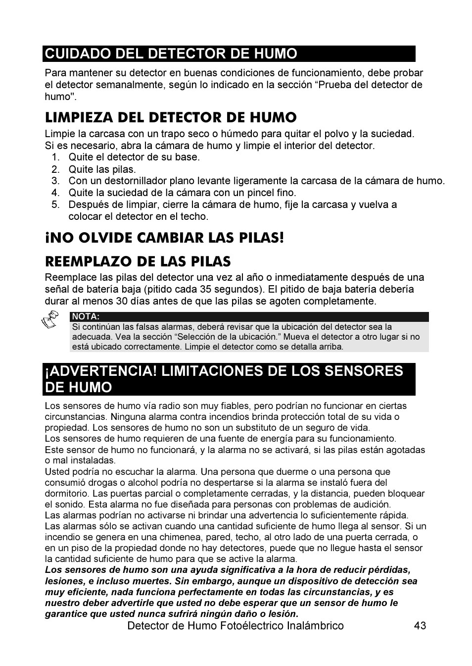 Cuidado del detector de humo, Limpieza del detector de humo, Advertencia! limitaciones de los sensores de humo | RISCO Group WL Supervised Smoke User Manual | Page 43 / 56