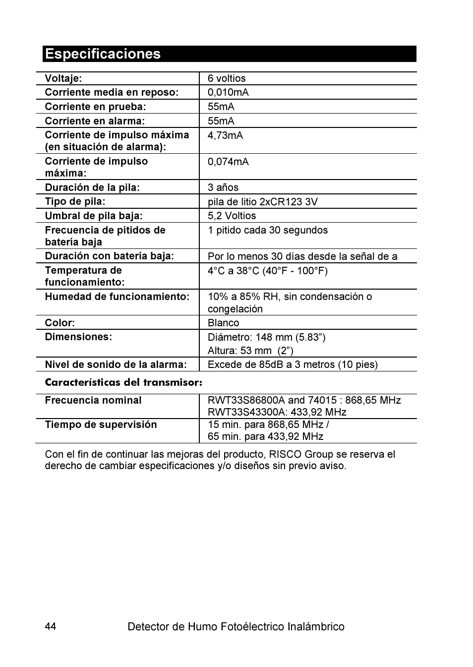 Especificaciones | RISCO Group WL Supervised Smoke User Manual | Page 44 / 56