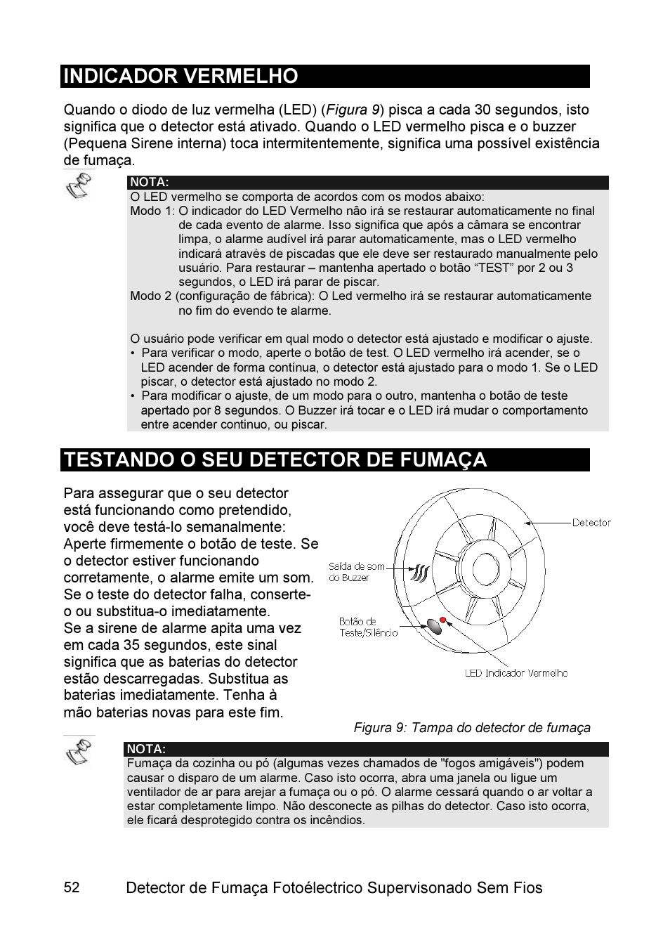 Indicador vermelho, Testando o seu detector de fumaça | RISCO Group WL Supervised Smoke User Manual | Page 52 / 56