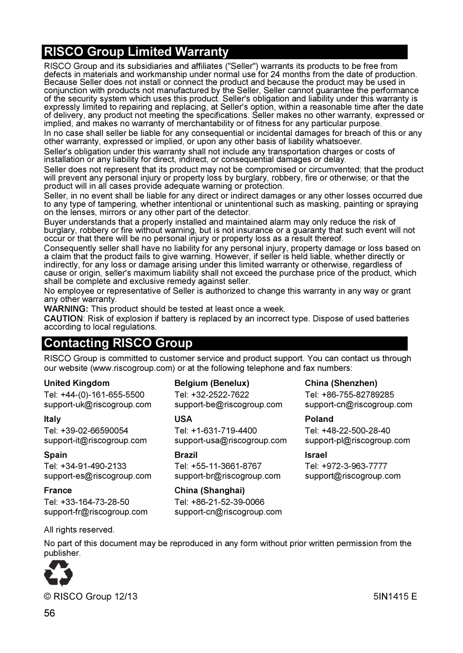 Risco group limited warranty, Contacting risco group | RISCO Group WL Supervised Smoke User Manual | Page 56 / 56