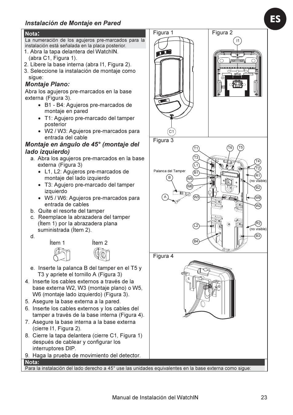 Instalación de montaje en pared, Montaje plano | RISCO Group WatchIN Industrial Grade 3 Detector User Manual | Page 25 / 64