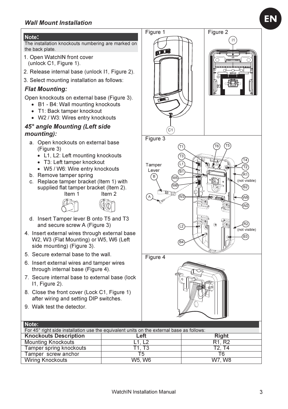 Wall mount installation, Flat mounting, 45° angle mounting (left side mounting) | RISCO Group WatchIN Industrial Grade 3 Detector User Manual | Page 5 / 64