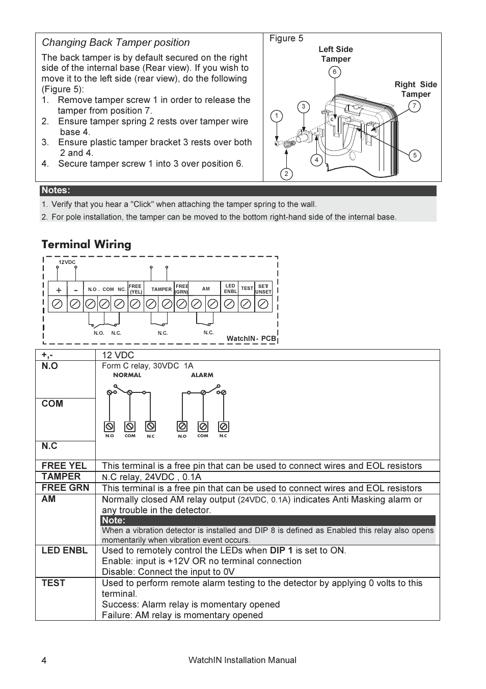 Terminal wiring, Changing back tamper position | RISCO Group WatchIN Industrial Grade 3 Detector User Manual | Page 6 / 64