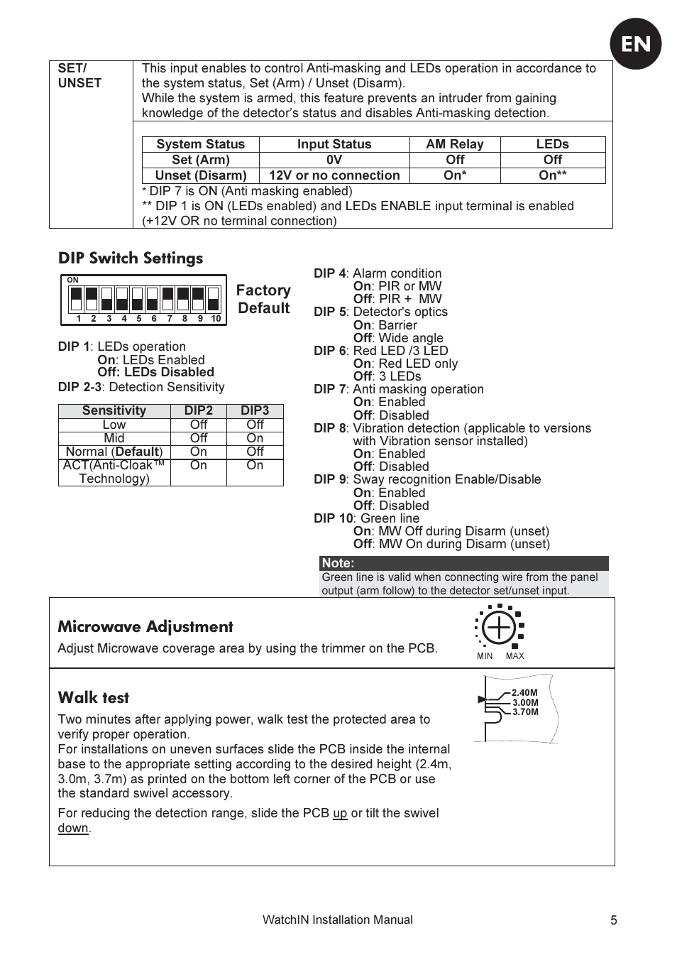 Dip switch settings, Microwave adjustment, Walk test | RISCO Group WatchIN Industrial Grade 3 Detector User Manual | Page 7 / 64