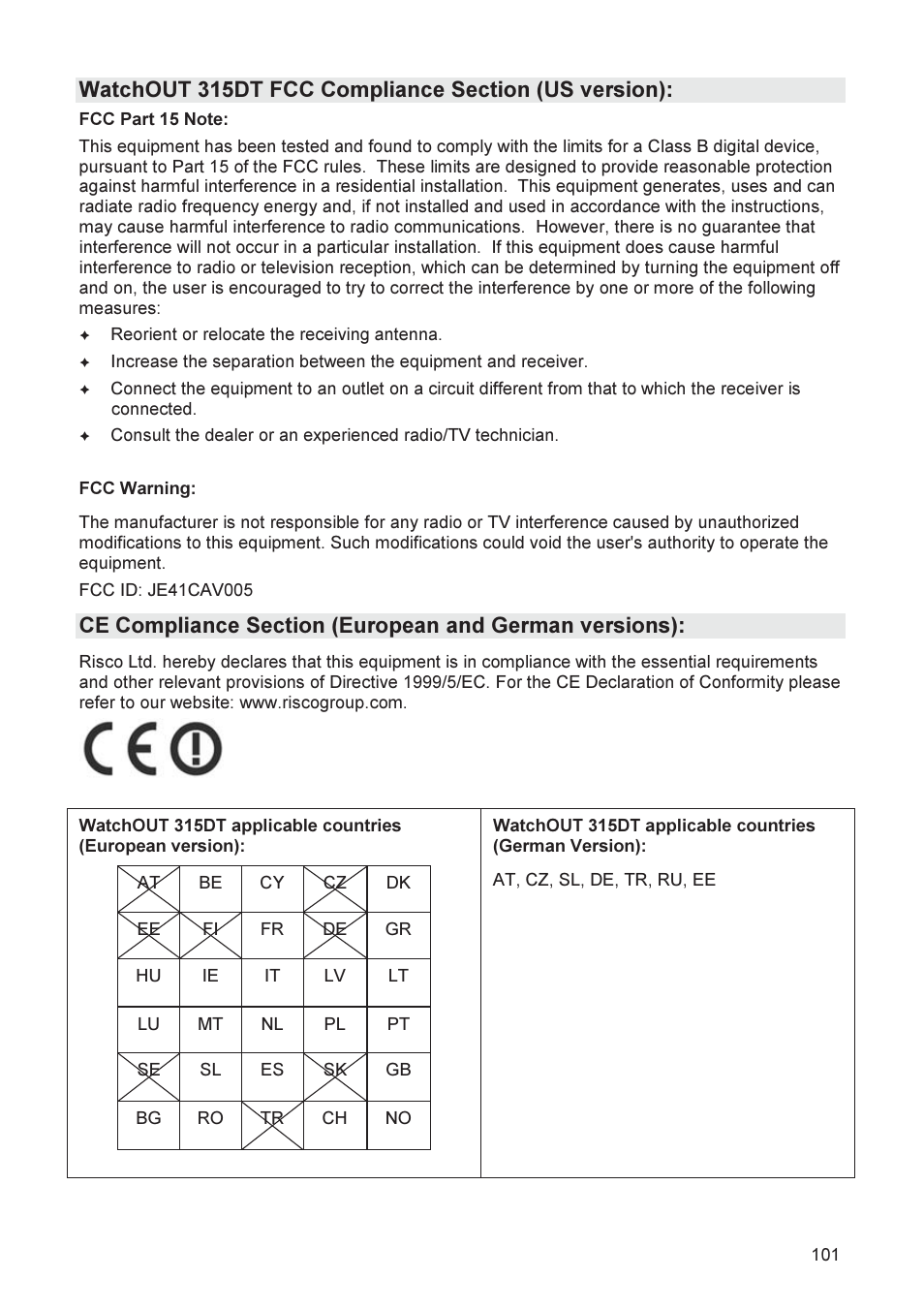 RISCO Group WatchOUT 315DT User Manual | Page 101 / 104