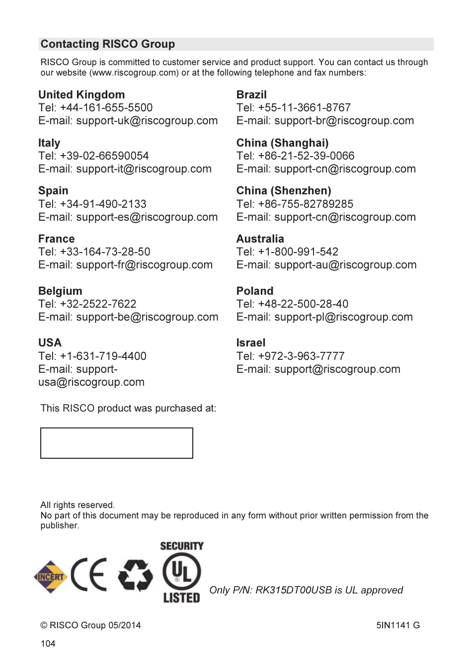 RISCO Group WatchOUT 315DT User Manual | Page 104 / 104