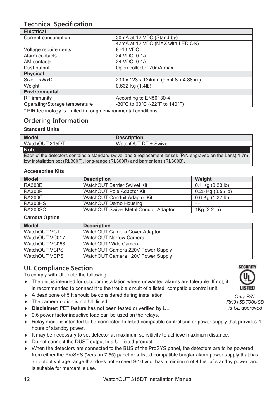 Technical specification, Ordering information | RISCO Group WatchOUT 315DT User Manual | Page 12 / 104