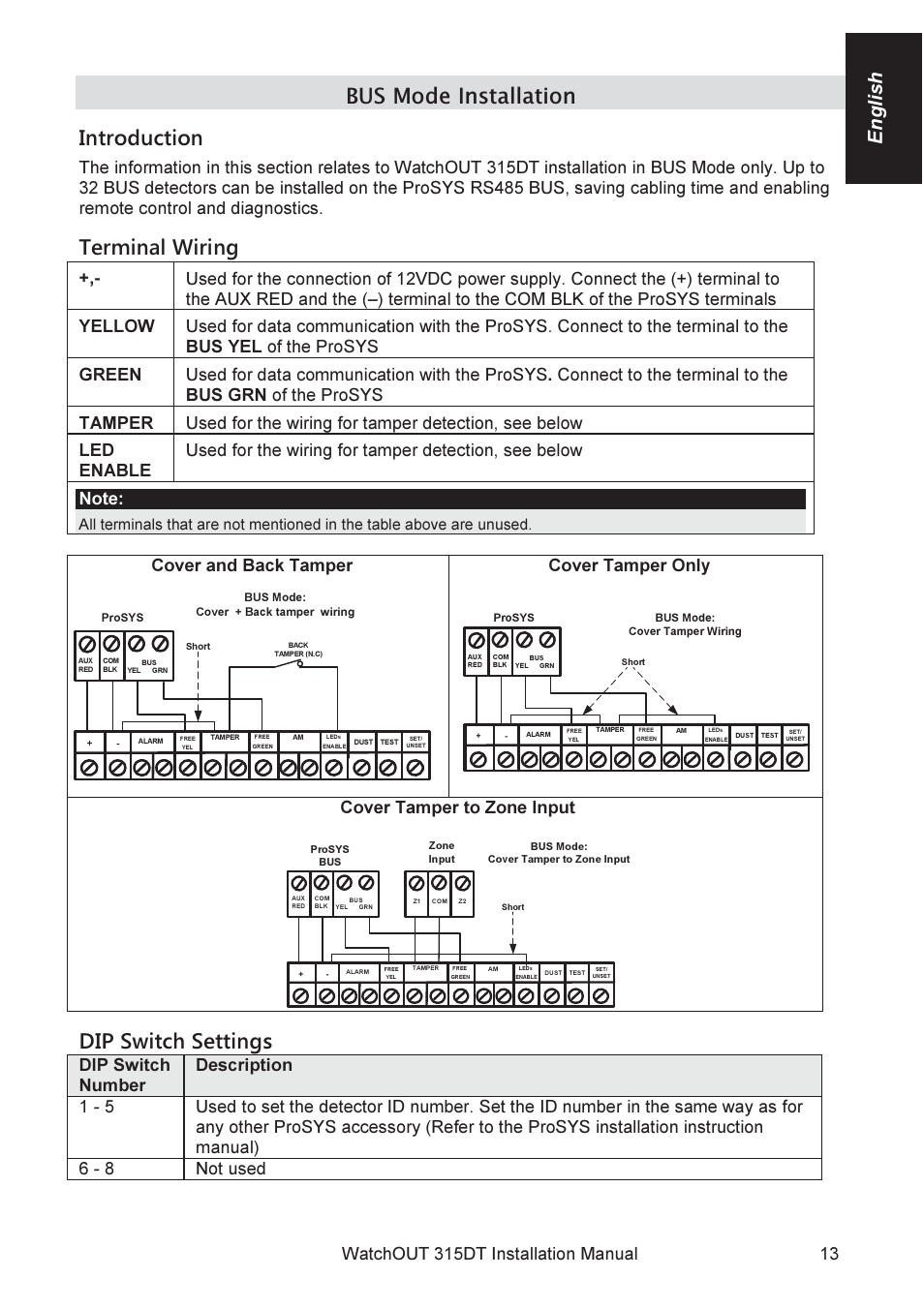 Bus mode installation introduction, Terminal wiring, Dip switch settings | English, Cover and back tamper, Cover tamper only, Cover tamper to zone input, Dip switch number description 1 - 5 | RISCO Group WatchOUT 315DT User Manual | Page 13 / 104