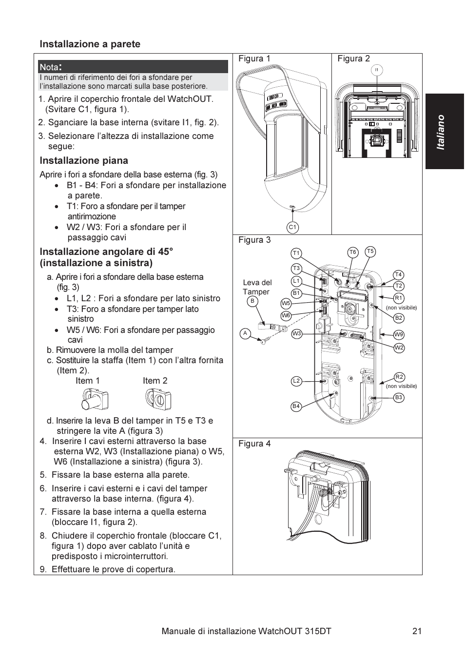 Italiano, Installazione a parete, Installazione piana | RISCO Group WatchOUT 315DT User Manual | Page 21 / 104