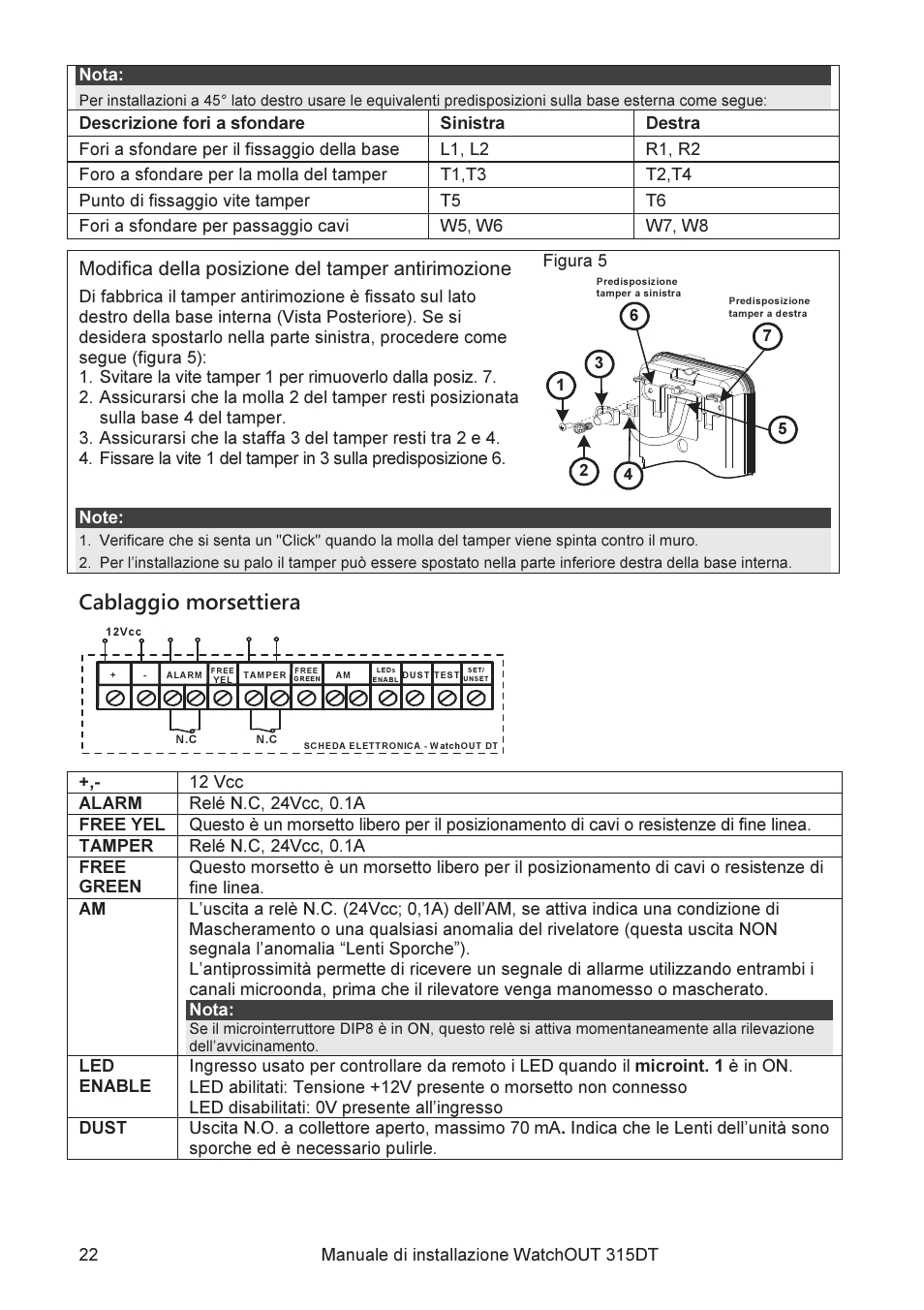 Cablaggio morsettiera, Modifica della posizione del tamper antirimozione | RISCO Group WatchOUT 315DT User Manual | Page 22 / 104