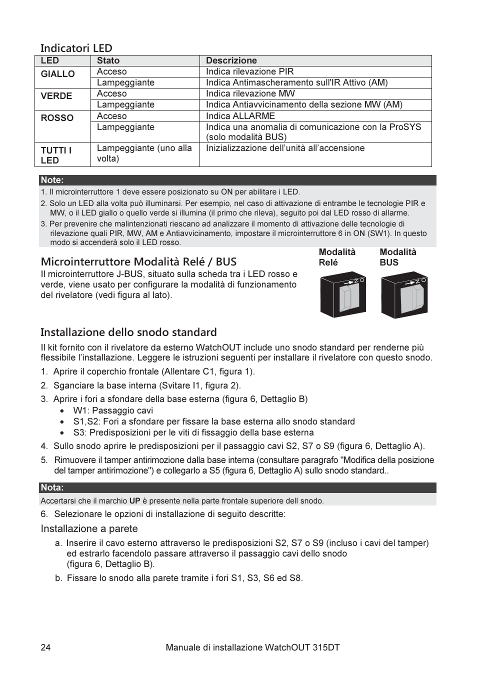 Indicatori led, Microinterruttore modalità relé / bus, Installazione dello snodo standard | RISCO Group WatchOUT 315DT User Manual | Page 24 / 104