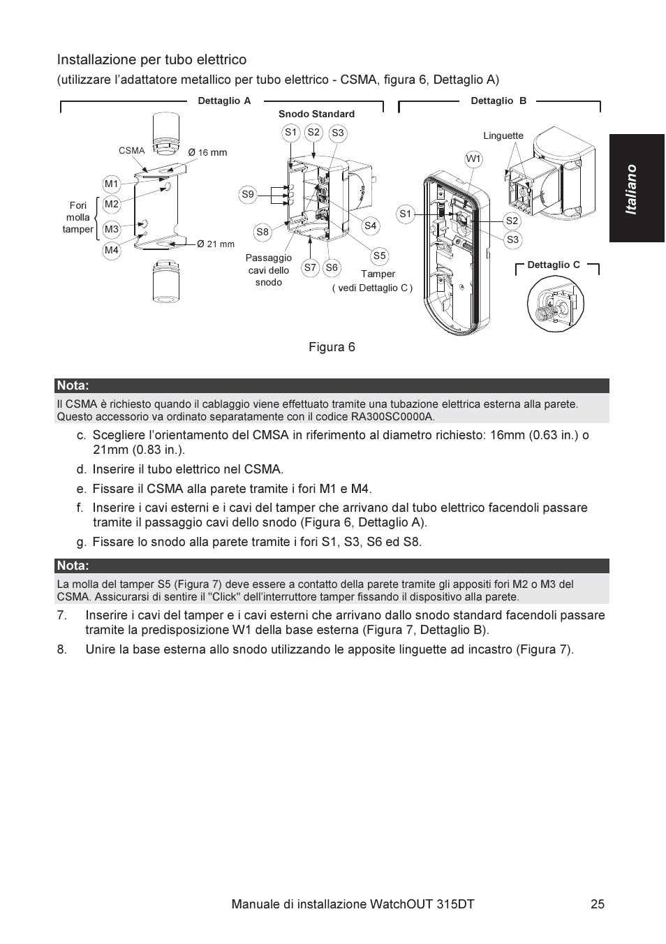 Italiano, Installazione per tubo elettrico | RISCO Group WatchOUT 315DT User Manual | Page 25 / 104