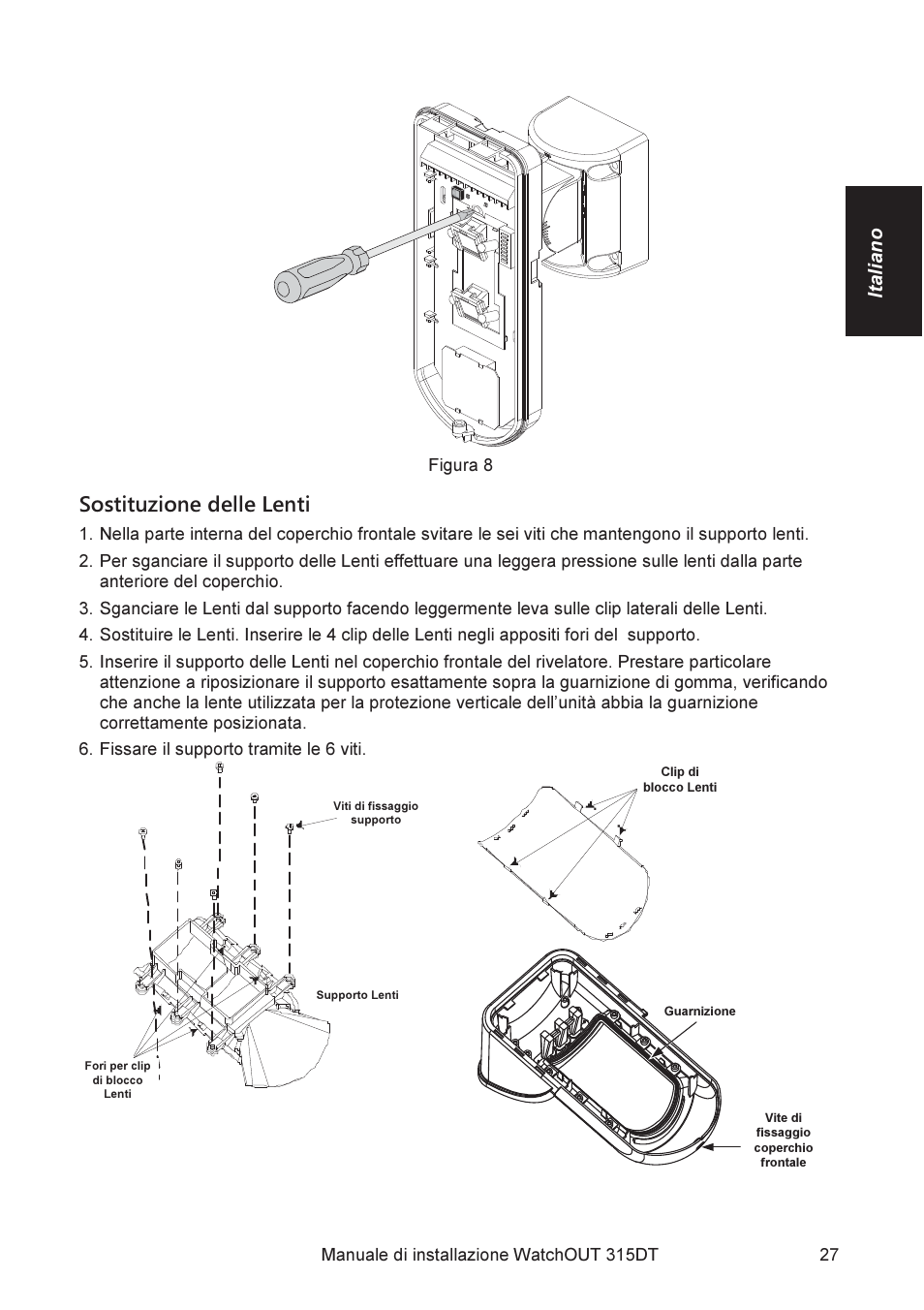 Sostituzione delle lenti, Italiano | RISCO Group WatchOUT 315DT User Manual | Page 27 / 104