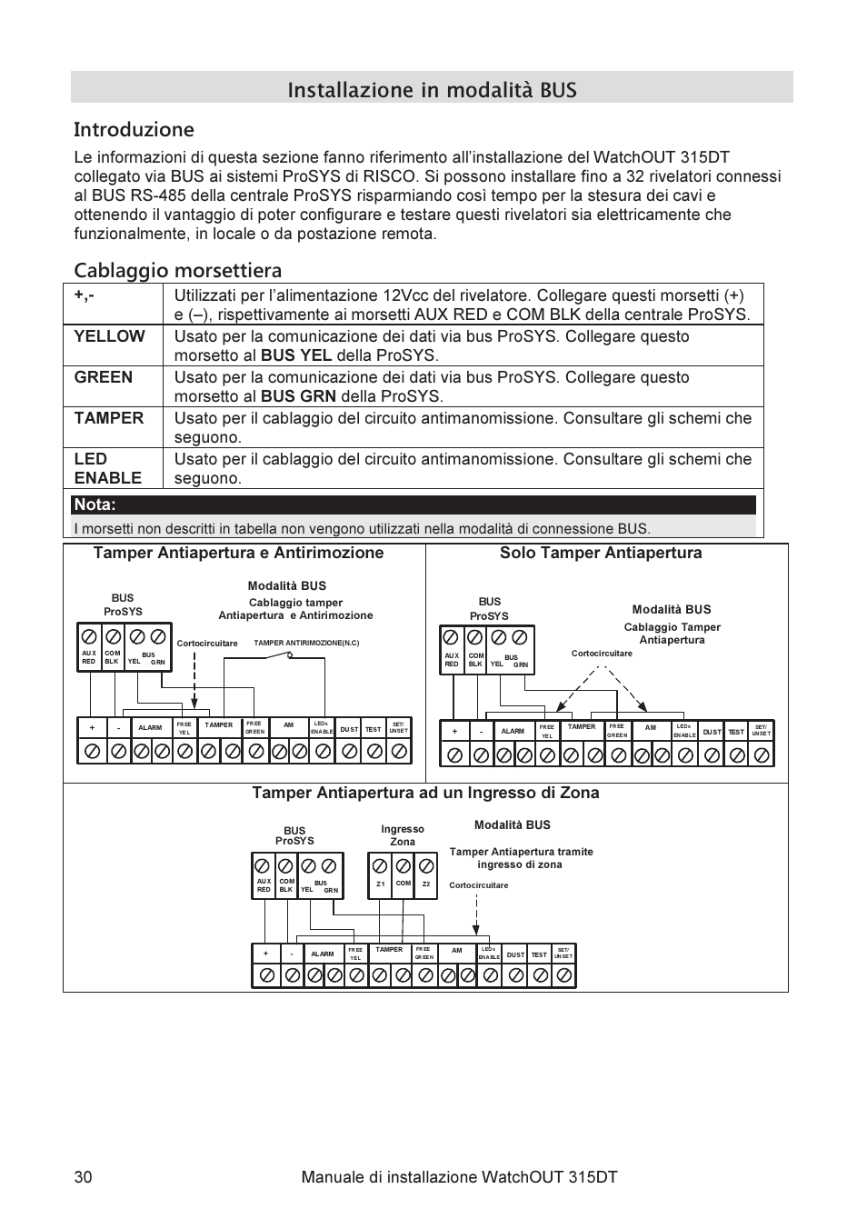 Installazione in modalità bus introduzione, Cablaggio morsettiera, Tamper antiapertura e antirimozione | Solo tamper antiapertura, Tamper antiapertura ad un ingresso di zona | RISCO Group WatchOUT 315DT User Manual | Page 30 / 104