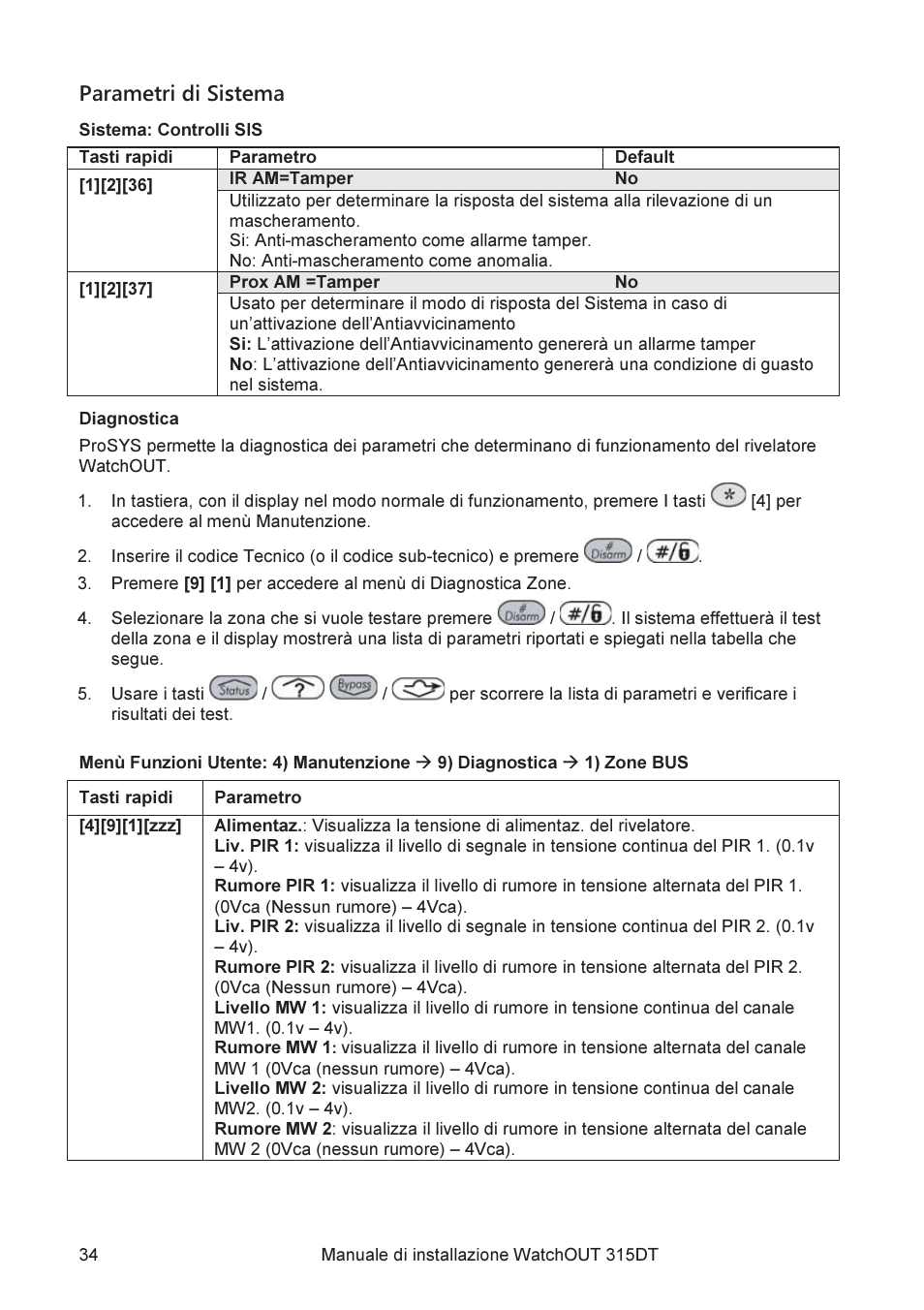 Parametri di sistema | RISCO Group WatchOUT 315DT User Manual | Page 34 / 104