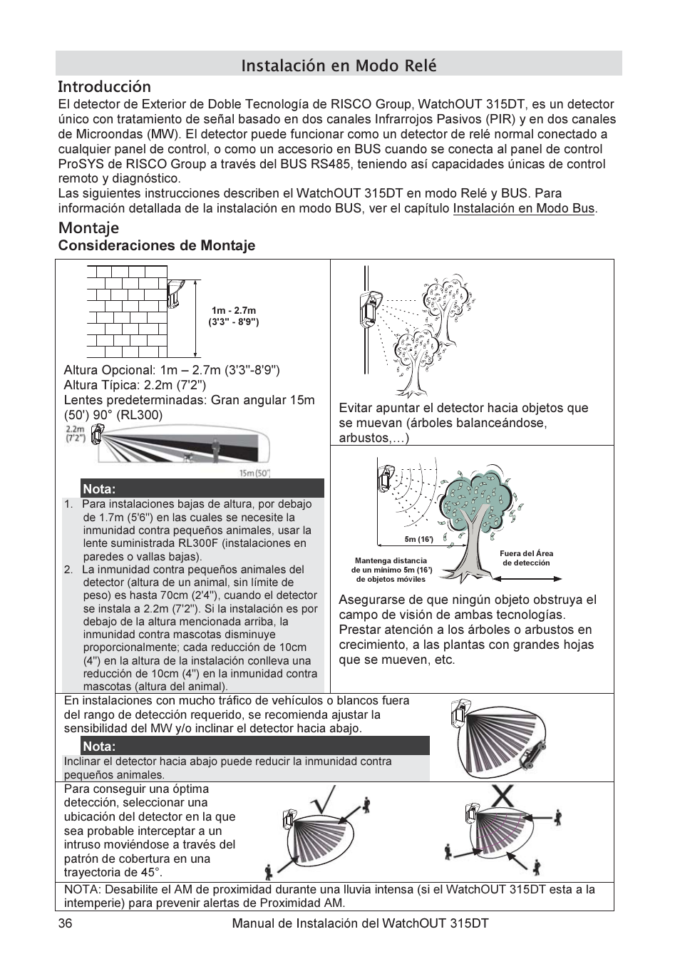 Instalación en modo relé introducción, Montaje | RISCO Group WatchOUT 315DT User Manual | Page 36 / 104