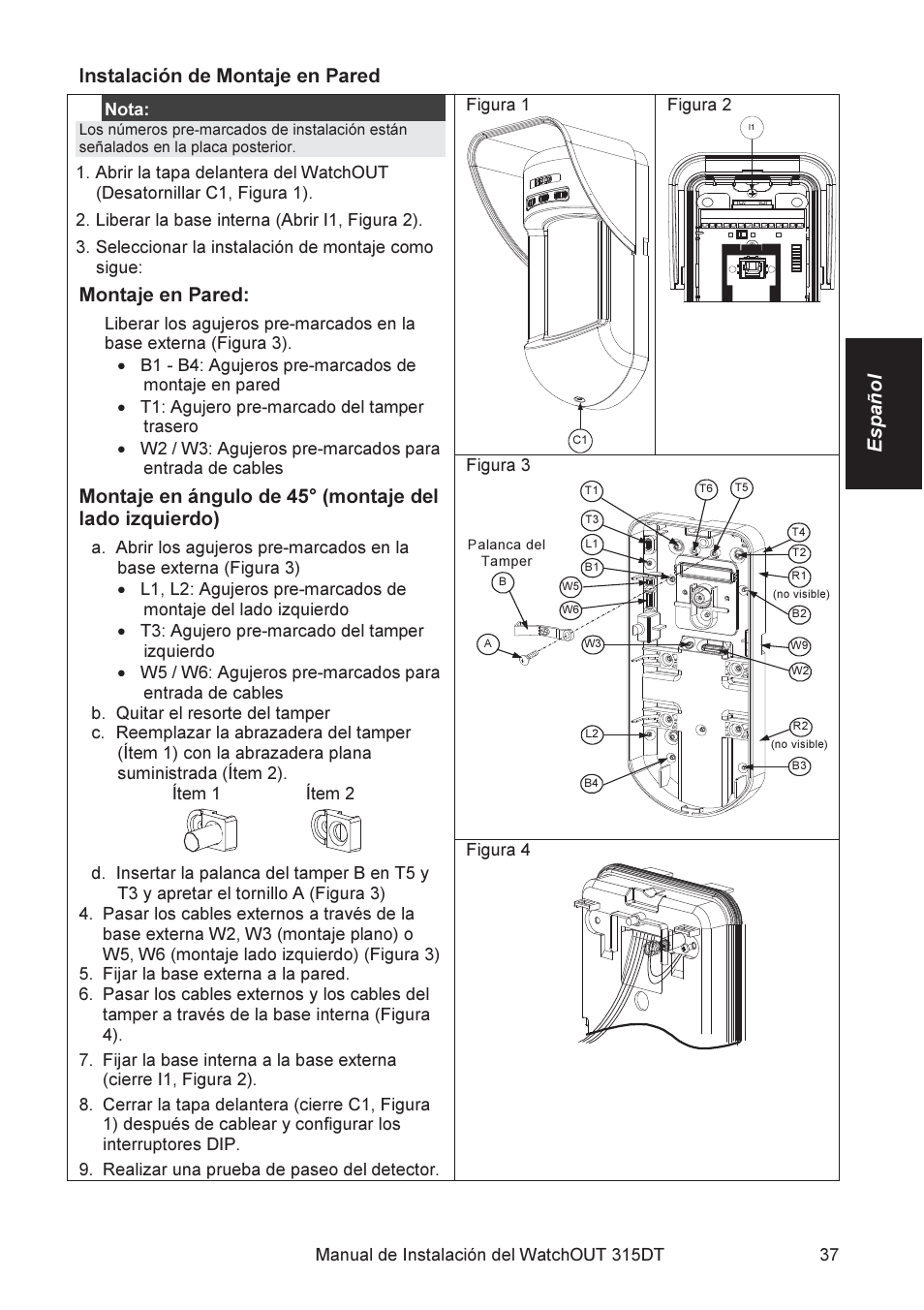 Español instalación de montaje en pared, Montaje en pared | RISCO Group WatchOUT 315DT User Manual | Page 37 / 104