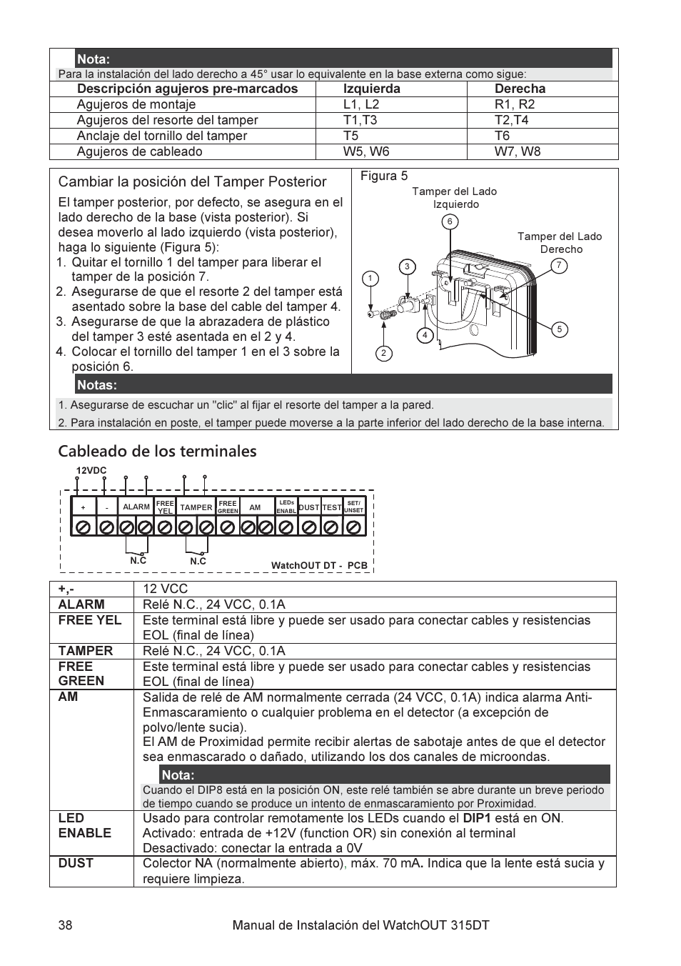 Cableado de los terminales, Cambiar la posición del tamper posterior | RISCO Group WatchOUT 315DT User Manual | Page 38 / 104