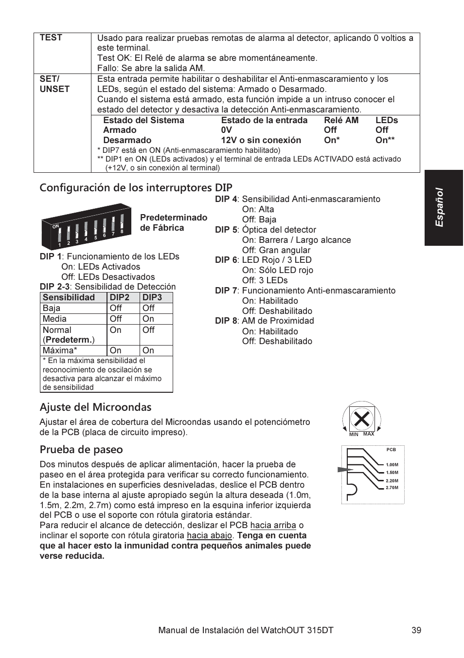 Configuración de los interruptores dip, Ajuste del microondas, Prueba de paseo | RISCO Group WatchOUT 315DT User Manual | Page 39 / 104