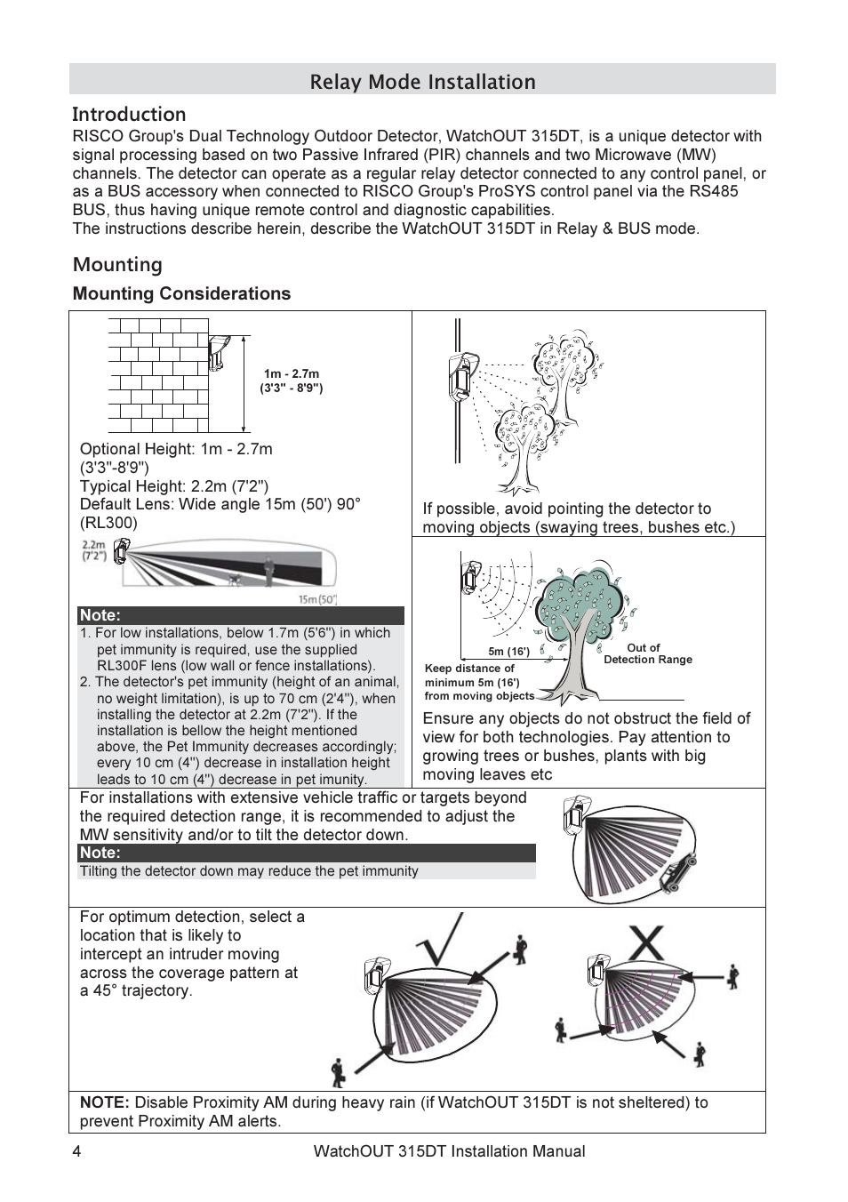 Relay mode installation introduction, Mounting | RISCO Group WatchOUT 315DT User Manual | Page 4 / 104
