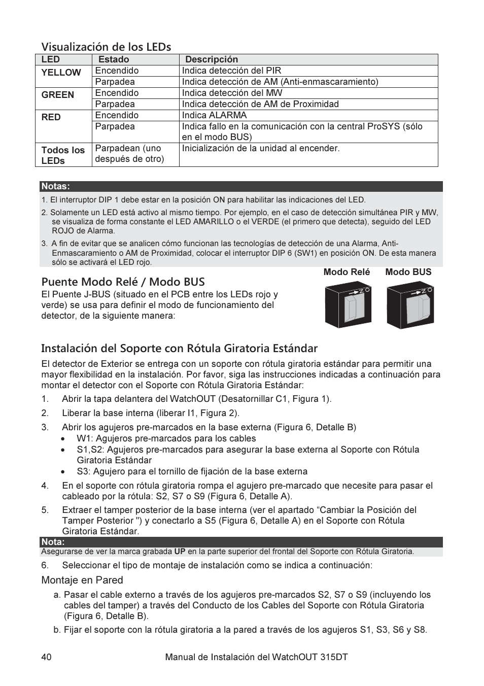 Visualización de los leds, Puente modo relé / modo bus | RISCO Group WatchOUT 315DT User Manual | Page 40 / 104