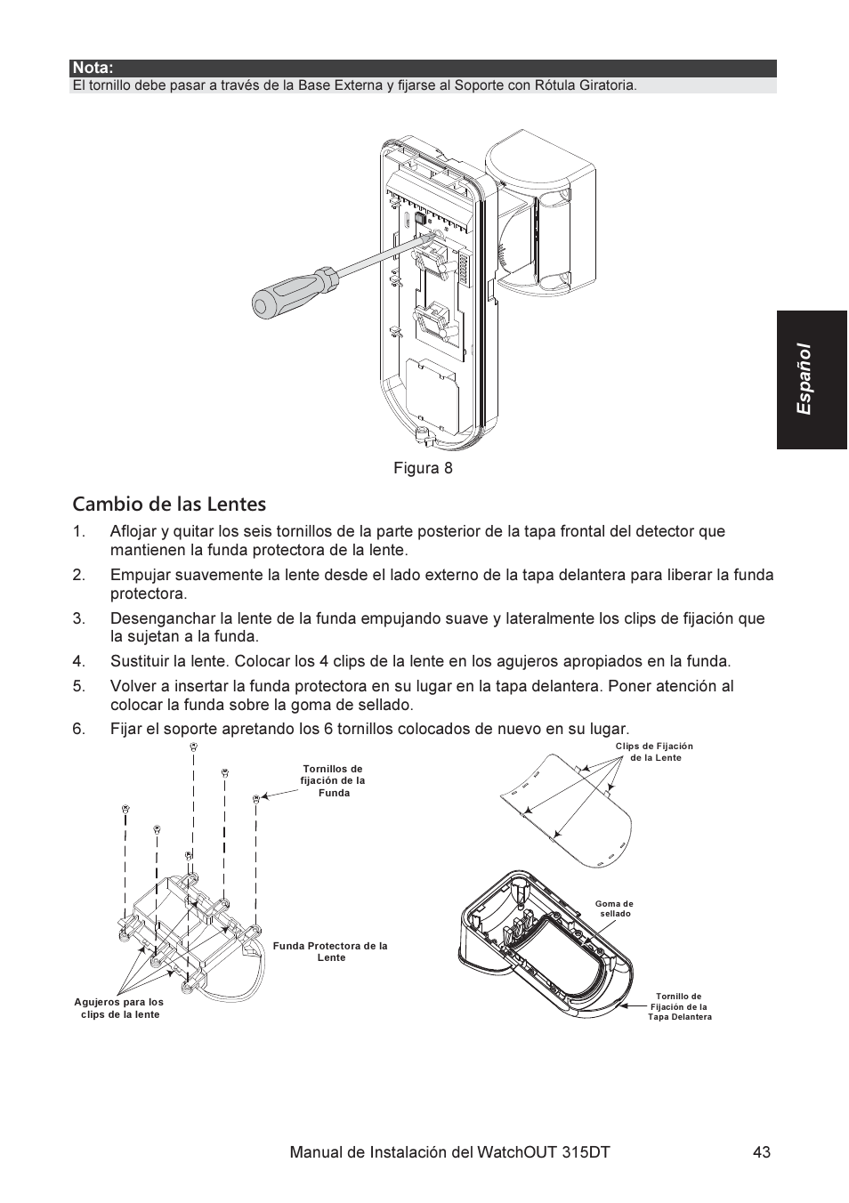 Cambio de las lentes, Español | RISCO Group WatchOUT 315DT User Manual | Page 43 / 104