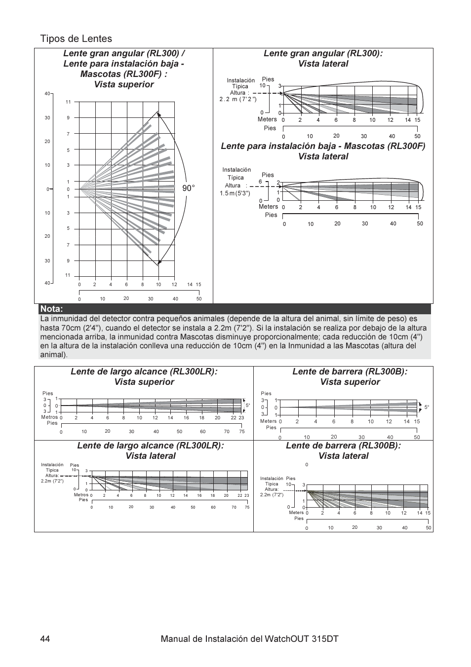 Tipos de lentes, Lente gran angular (rl300): vista lateral, Nota | Lente de largo alcance (rl300lr): vista superior, Lente de barrera (rl300b): vista superior, Lente de largo alcance (rl300lr): vista lateral, Lente de barrera (rl300b): vista lateral | RISCO Group WatchOUT 315DT User Manual | Page 44 / 104