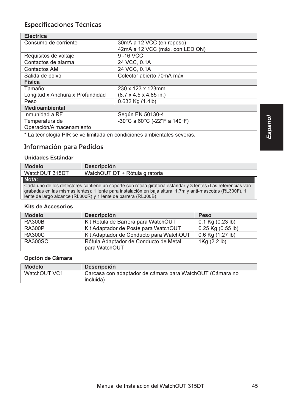 Especificaciones técnicas, Información para pedidos | RISCO Group WatchOUT 315DT User Manual | Page 45 / 104