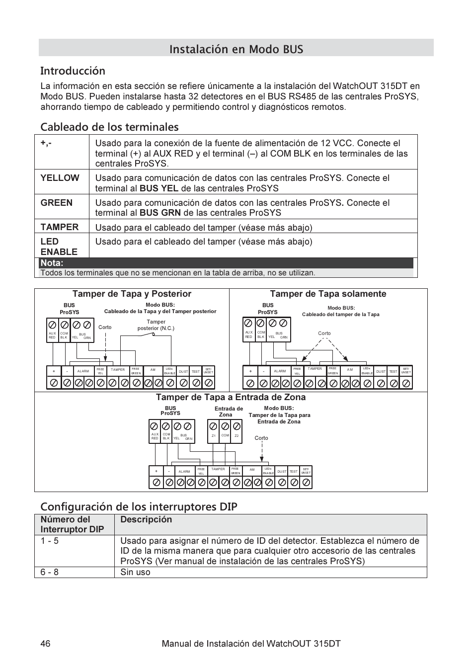 Instalación en modo bus introducción, Cableado de los terminales, Configuración de los interruptores dip | Tamper de tapa y posterior, Tamper de tapa solamente, Tamper de tapa a entrada de zona, Número del interruptor dip descripción 1 - 5 | RISCO Group WatchOUT 315DT User Manual | Page 46 / 104