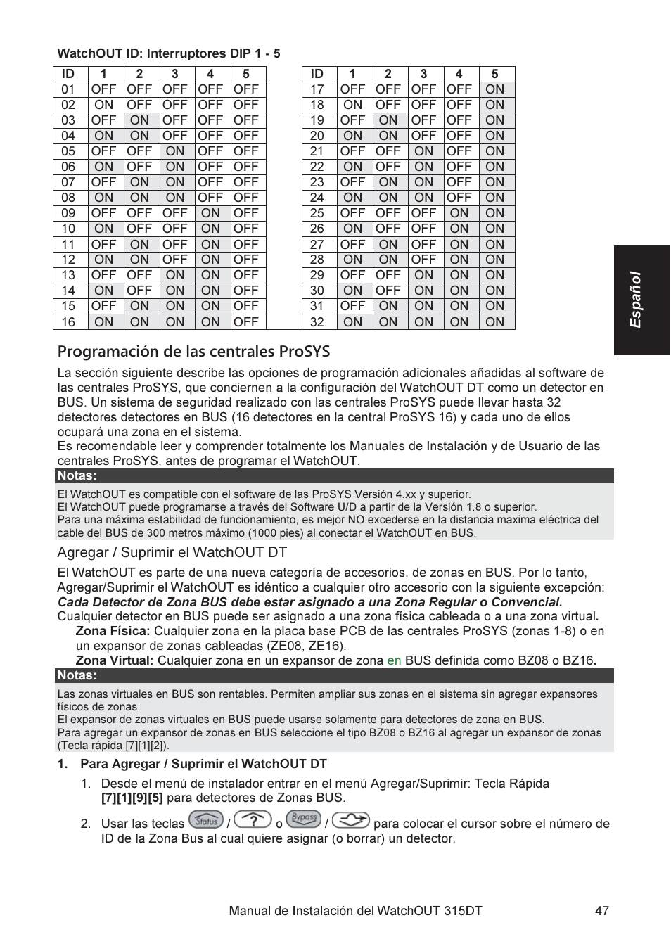 Programación de las centrales prosys | RISCO Group WatchOUT 315DT User Manual | Page 47 / 104