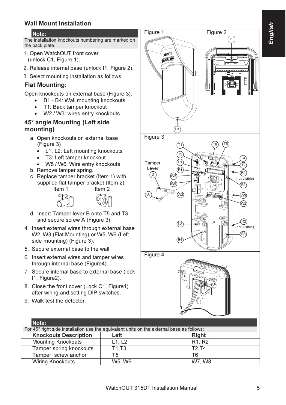 English wall mount installation, Flat mounting, 45° angle mounting (left side mounting) | RISCO Group WatchOUT 315DT User Manual | Page 5 / 104