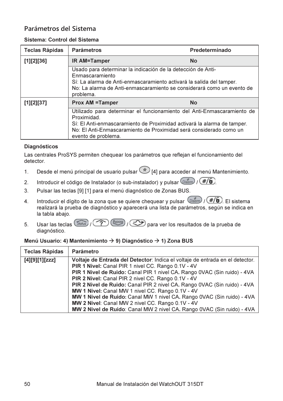 Parámetros del sistema | RISCO Group WatchOUT 315DT User Manual | Page 50 / 104