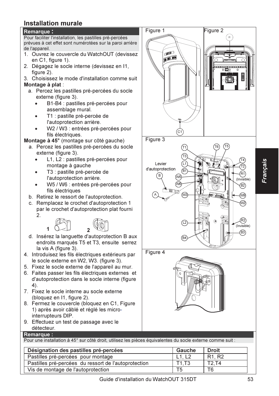 Installation murale, Français | RISCO Group WatchOUT 315DT User Manual | Page 53 / 104