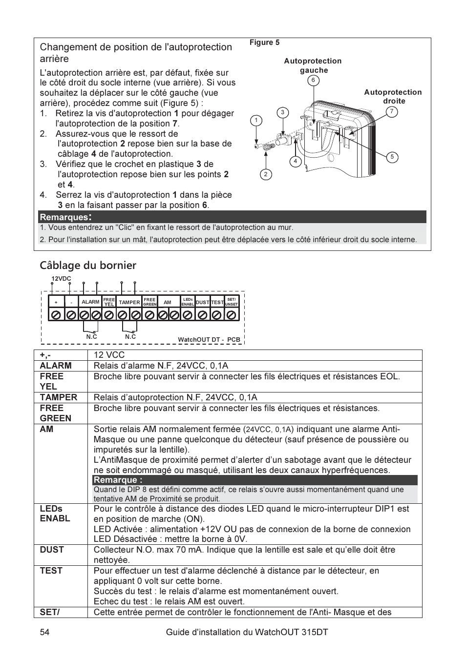 Câblage du bornier, Changement de position de l'autoprotection arrière | RISCO Group WatchOUT 315DT User Manual | Page 54 / 104