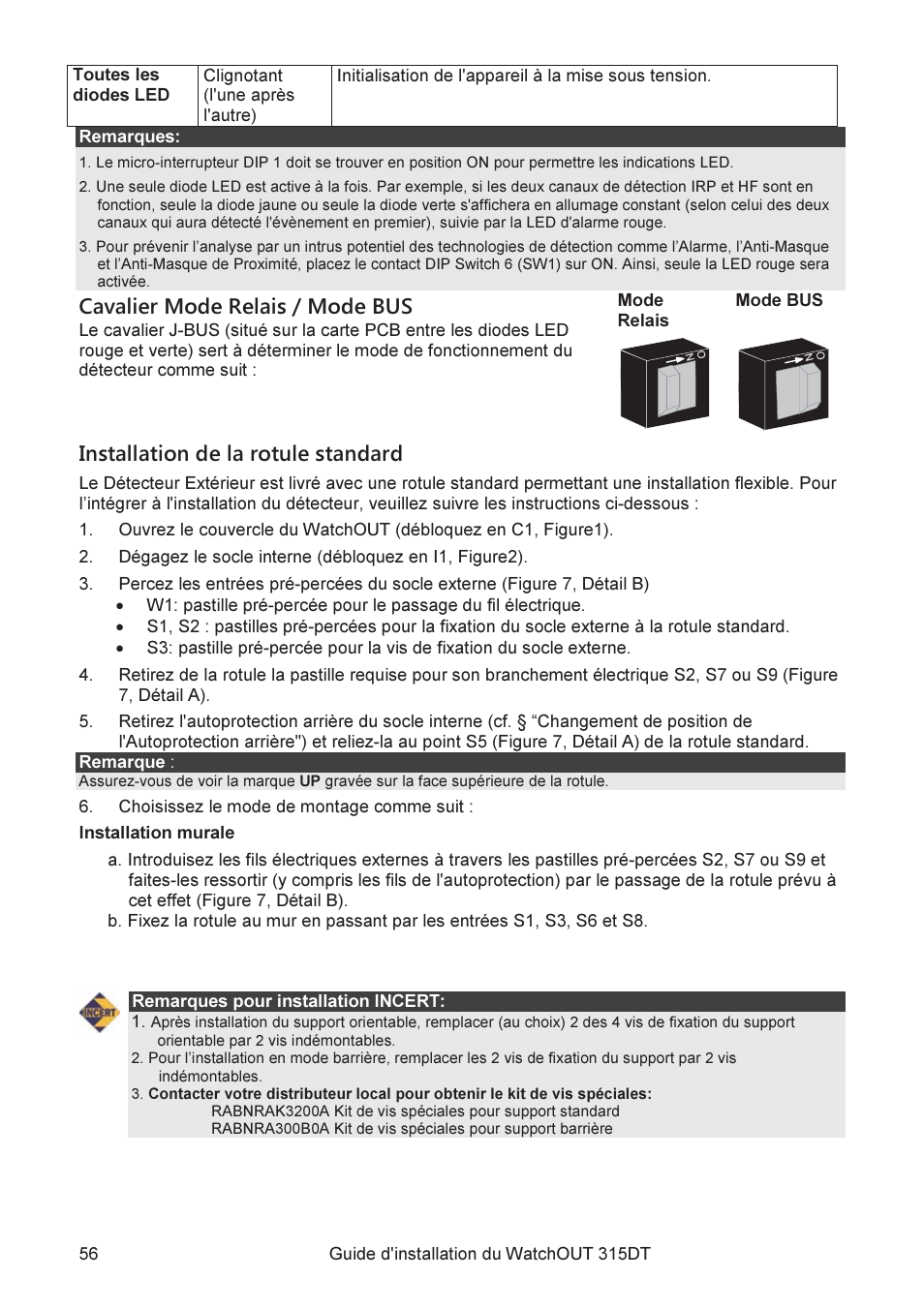 Cavalier mode relais / mode bus, Installation de la rotule standard | RISCO Group WatchOUT 315DT User Manual | Page 56 / 104