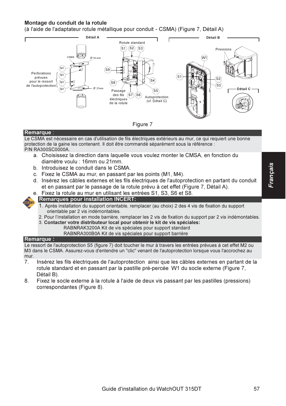 Français, Csma) (figure 7, détail a), Figure 7 remarque | Remarques pour installation incert: 1, Remarque | RISCO Group WatchOUT 315DT User Manual | Page 57 / 104