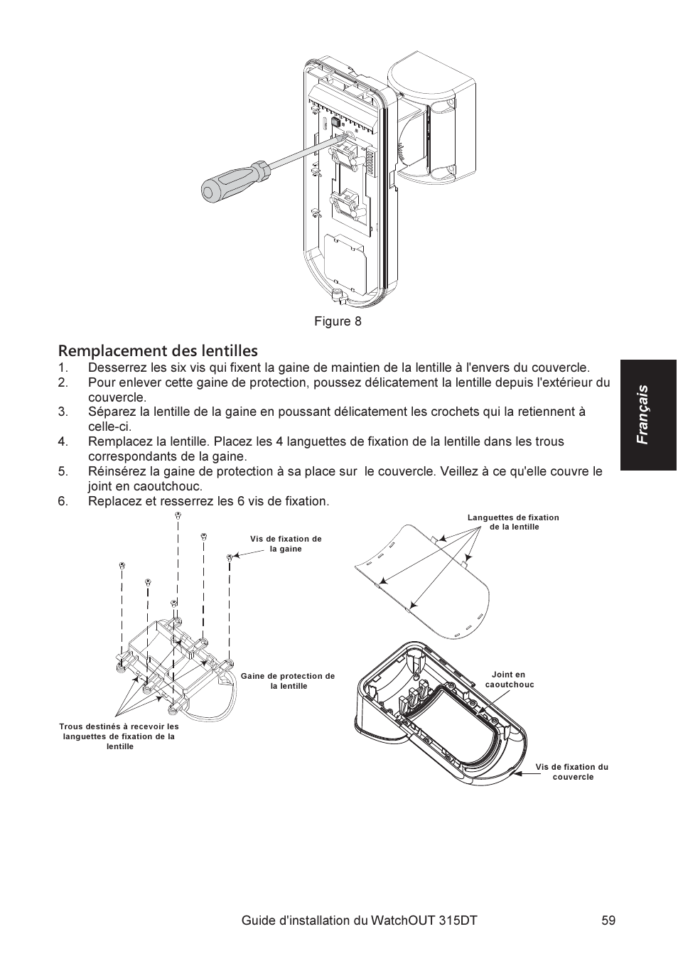 Remplacement des lentilles, Français | RISCO Group WatchOUT 315DT User Manual | Page 59 / 104