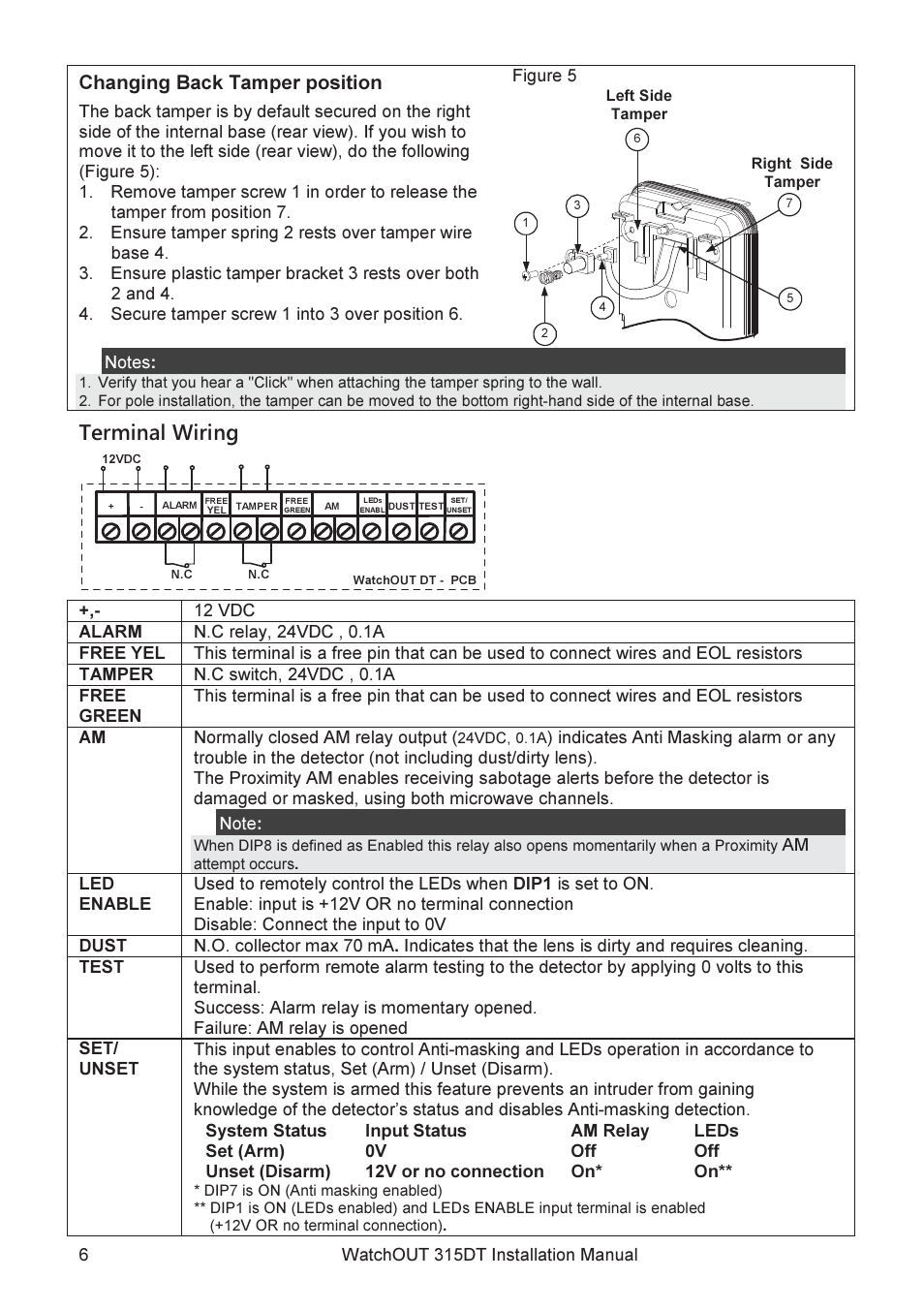 Terminal wiring, Changing back tamper position | RISCO Group WatchOUT 315DT User Manual | Page 6 / 104