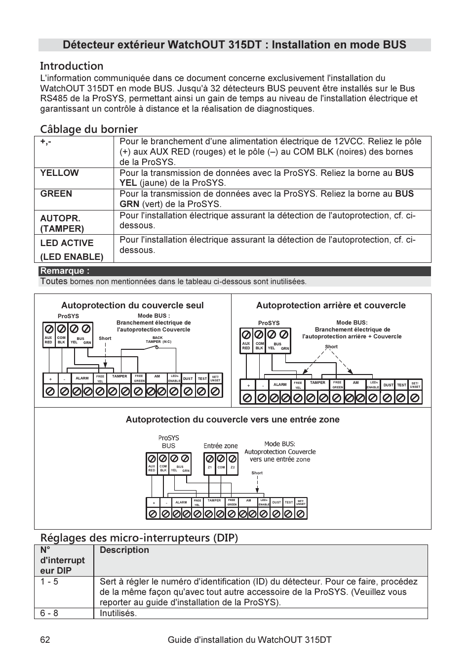 Câblage du bornier, Réglages des micro-interrupteurs (dip), Autoprotection du couvercle seul | Autoprotection arrière et couvercle, Autoprotection du couvercle vers une entrée zone, N° d'interrupt eur dip description 1 - 5 | RISCO Group WatchOUT 315DT User Manual | Page 62 / 104