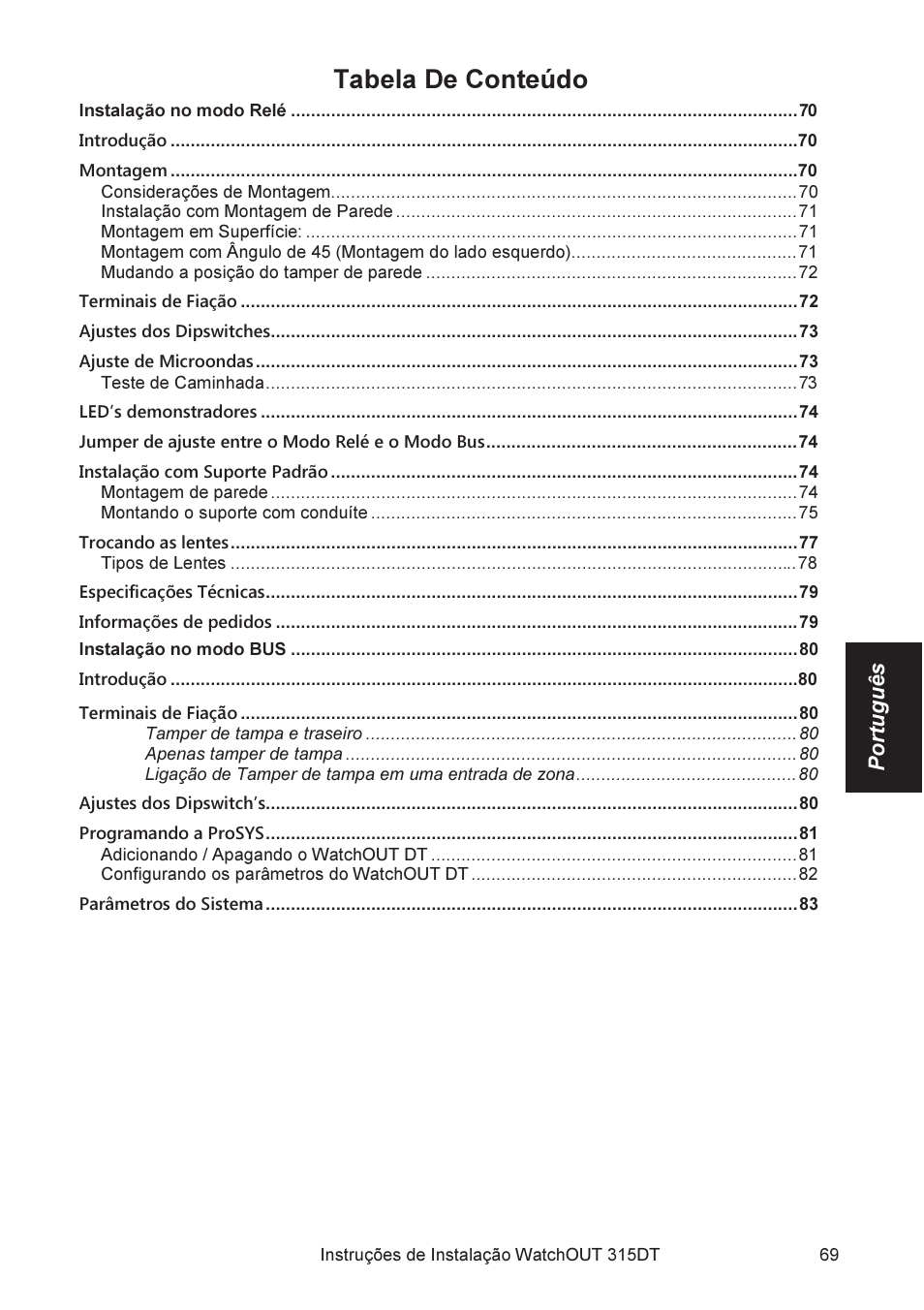 Tabela de conteúdo | RISCO Group WatchOUT 315DT User Manual | Page 69 / 104