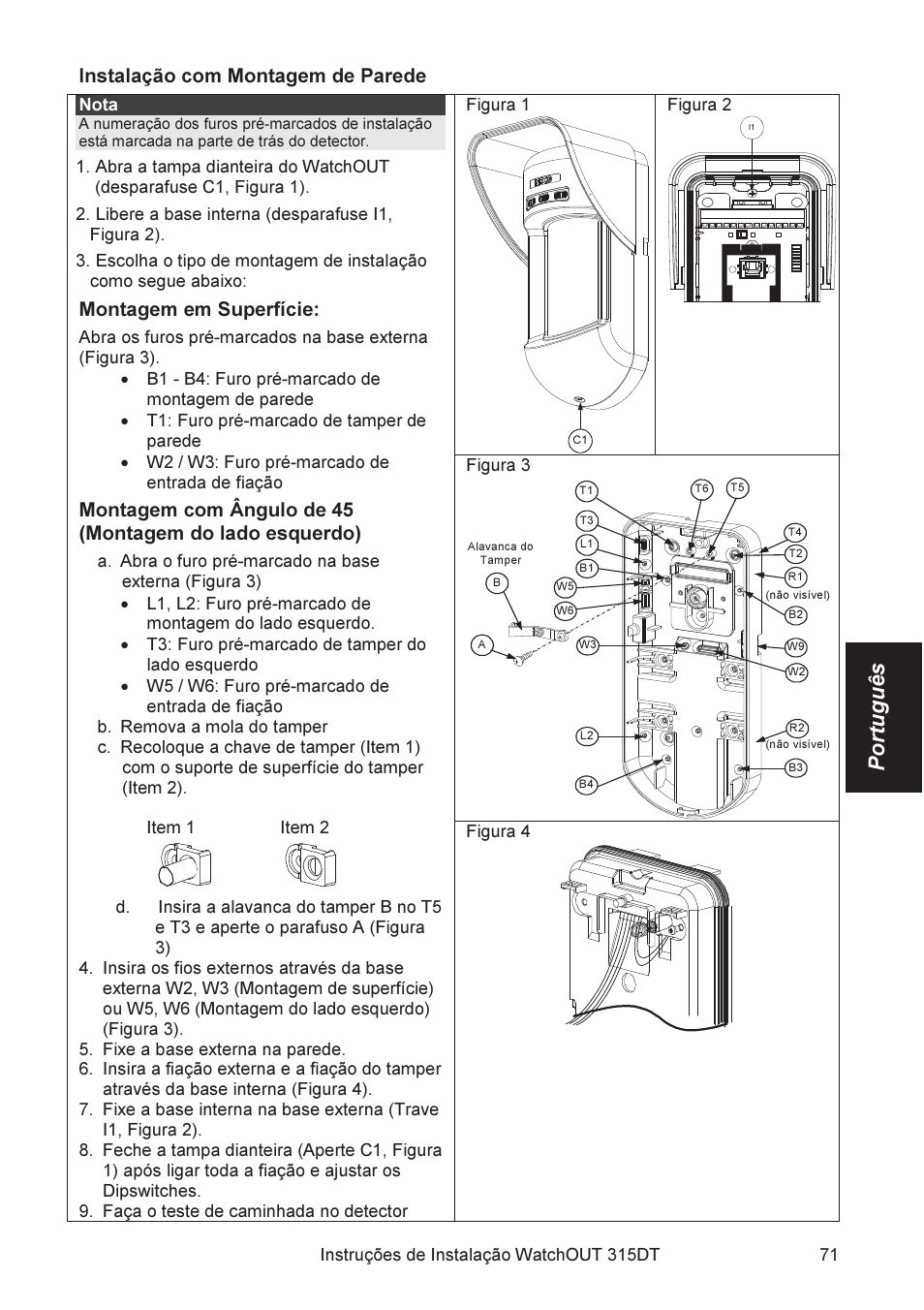 Português, Instalação com montagem de parede, Montagem em superfície | RISCO Group WatchOUT 315DT User Manual | Page 71 / 104