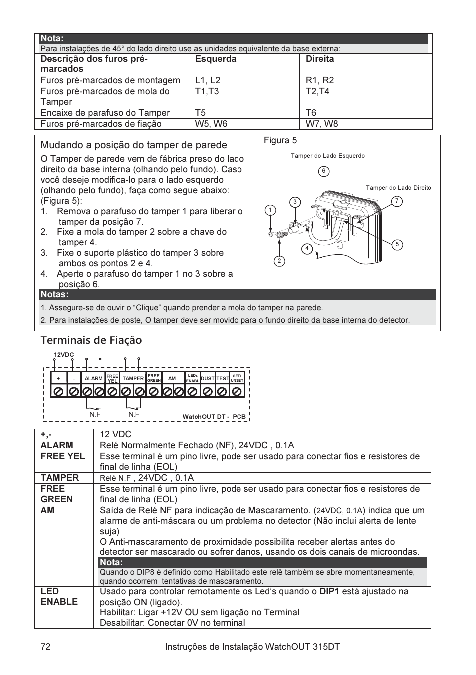 Terminais de fiação, Mudando a posição do tamper de parede | RISCO Group WatchOUT 315DT User Manual | Page 72 / 104