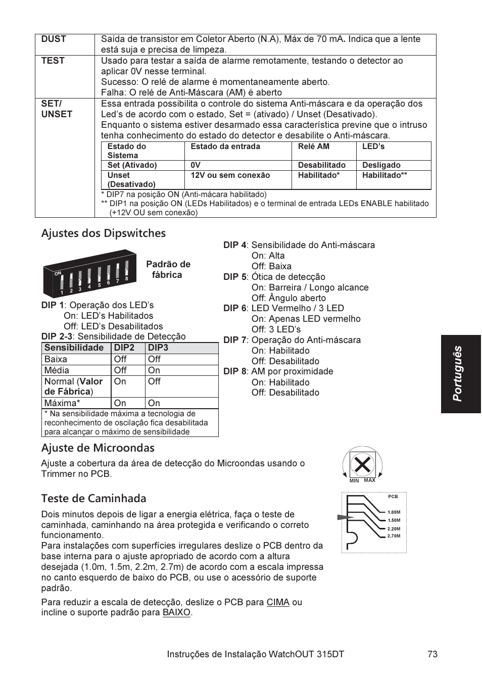 Português, Ajustes dos dipswitches, Ajuste de microondas | Teste de caminhada | RISCO Group WatchOUT 315DT User Manual | Page 73 / 104