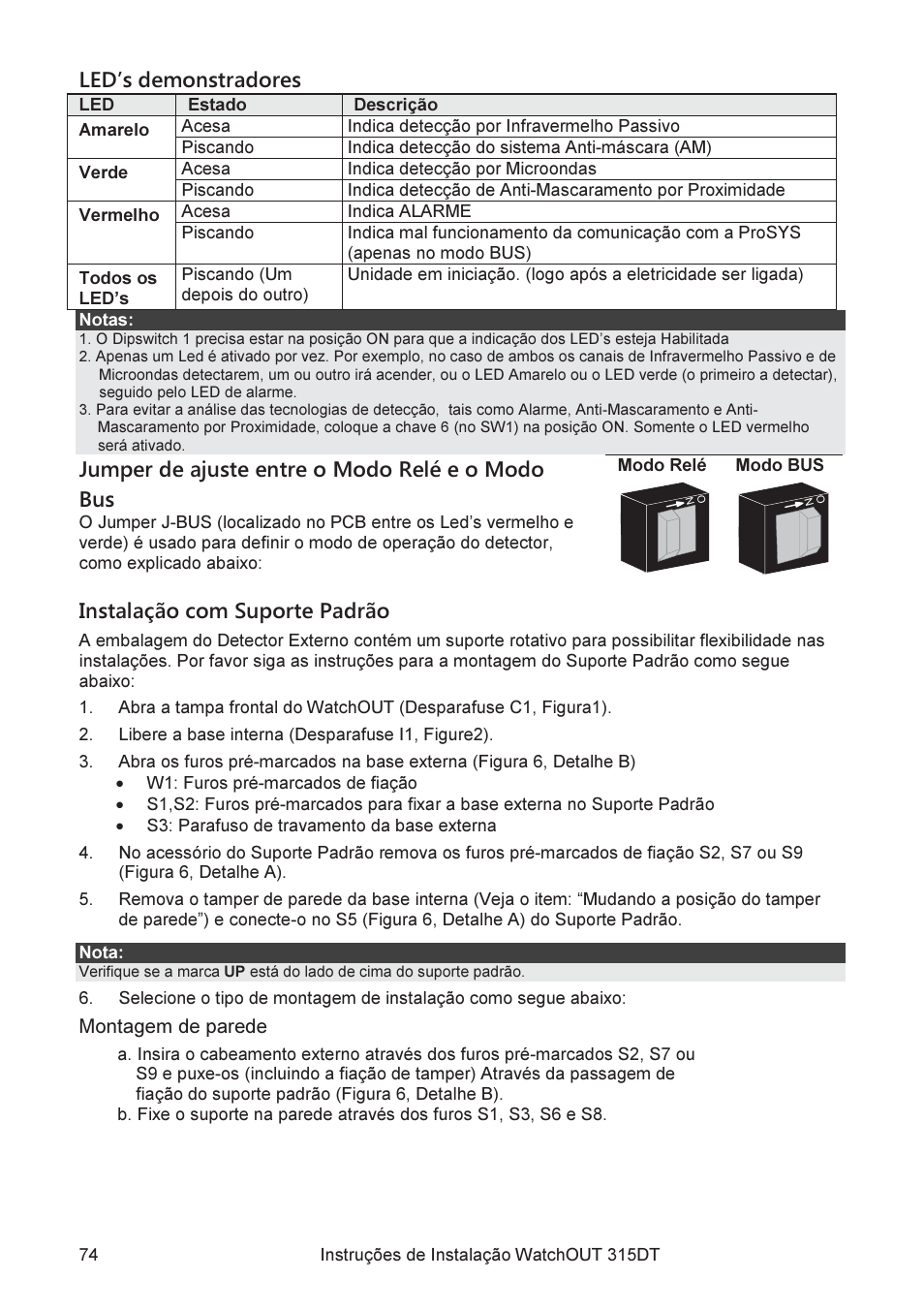 Led’s demonstradores, Jumper de ajuste entre o modo relé e o modo bus, Instalação com suporte padrão | RISCO Group WatchOUT 315DT User Manual | Page 74 / 104