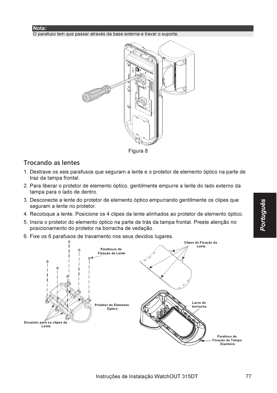 Português, Trocando as lentes | RISCO Group WatchOUT 315DT User Manual | Page 77 / 104