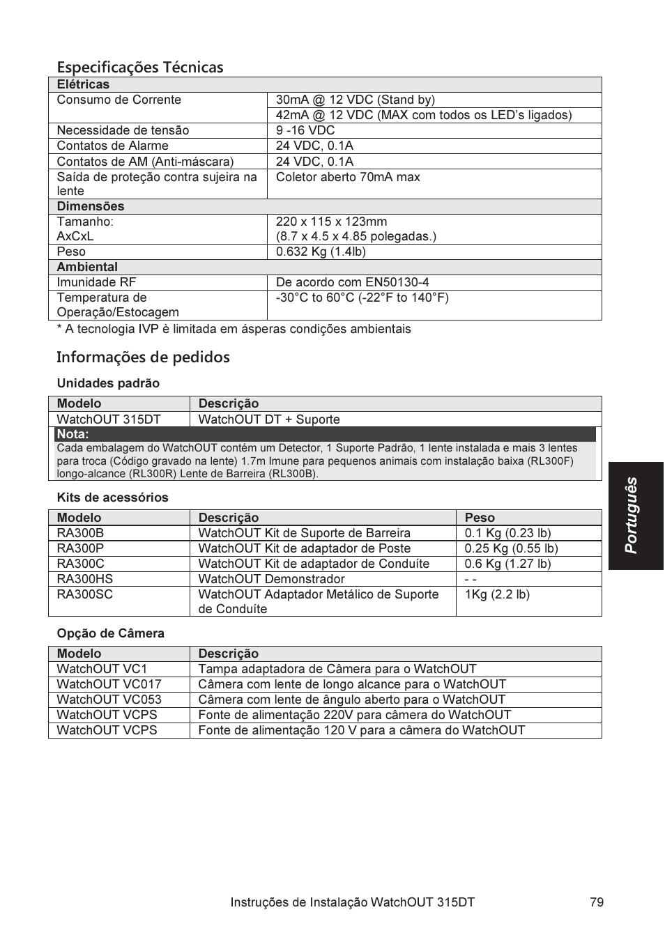 Português especificações técnicas, Informações de pedidos | RISCO Group WatchOUT 315DT User Manual | Page 79 / 104