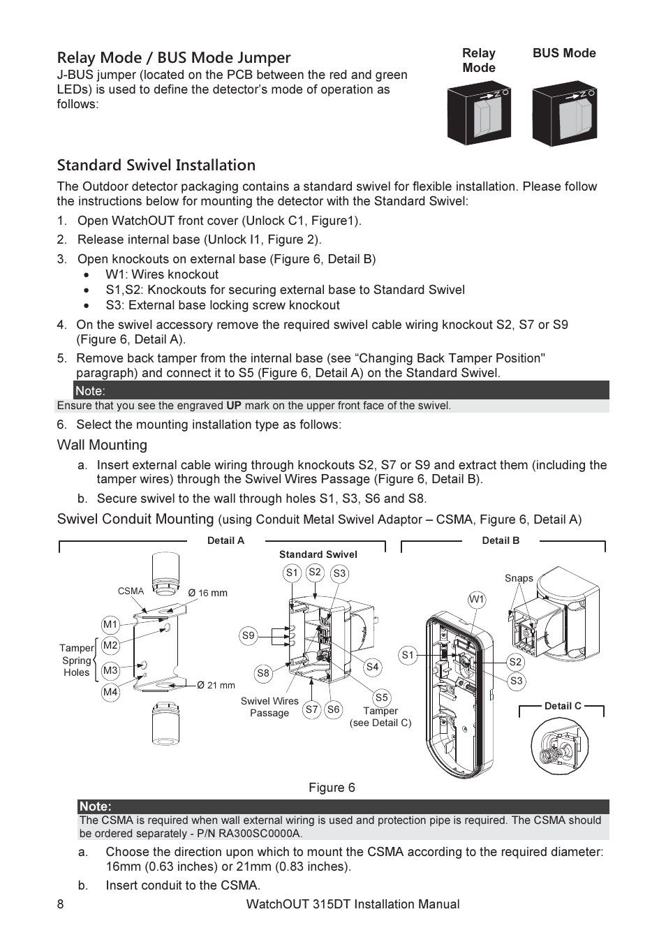 Relay mode / bus mode jumper, Standard swivel installation, Wall mounting | Swivel conduit mounting | RISCO Group WatchOUT 315DT User Manual | Page 8 / 104