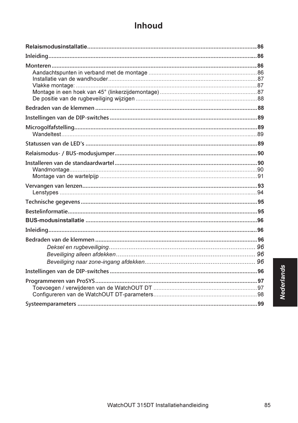 Inhoud | RISCO Group WatchOUT 315DT User Manual | Page 85 / 104